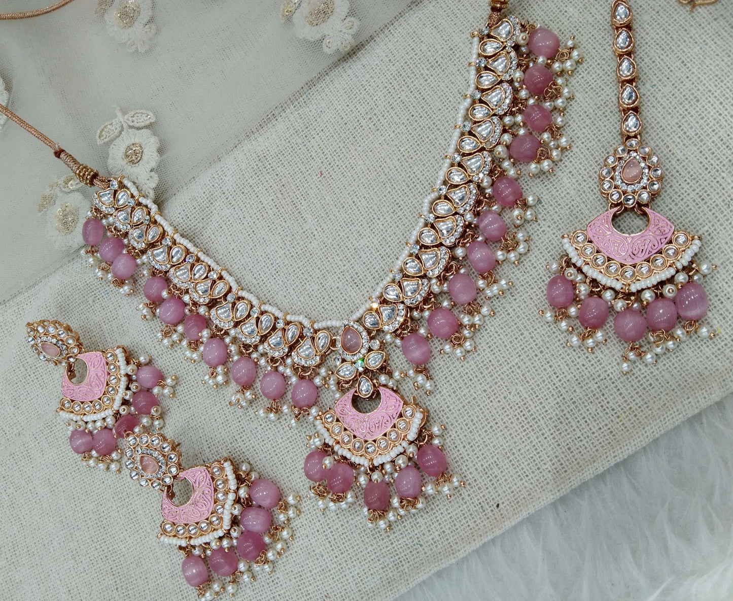 Indian  Jewellery Rose gold Kundan pink necklace most set