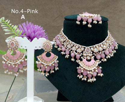 Indian  Jewellery Rose gold Kundan pink necklace most set