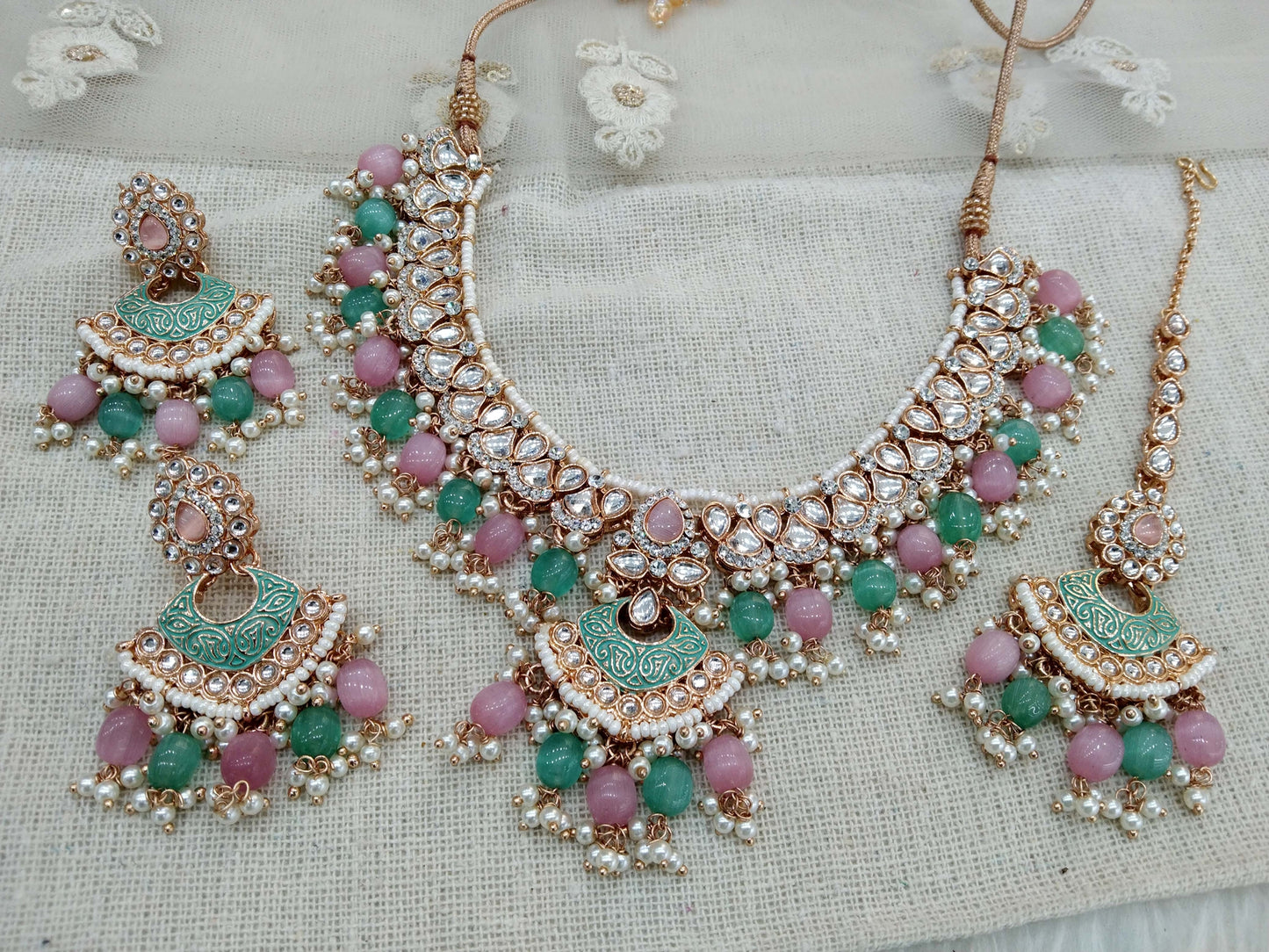 Indian  Jewellery Rose gold Kundan sea green necklace most set