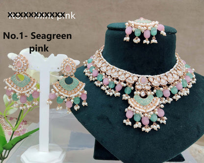 Indian  Jewellery Rose gold Kundan sea green necklace most set