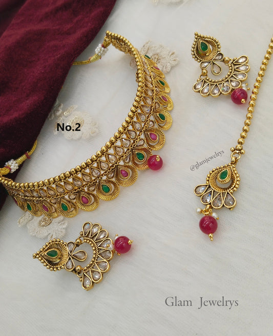 Choker Set Polki indian  Jewellery choker Set/ Bollywood Style Gold Finish South Indian beams bridal Jewellery