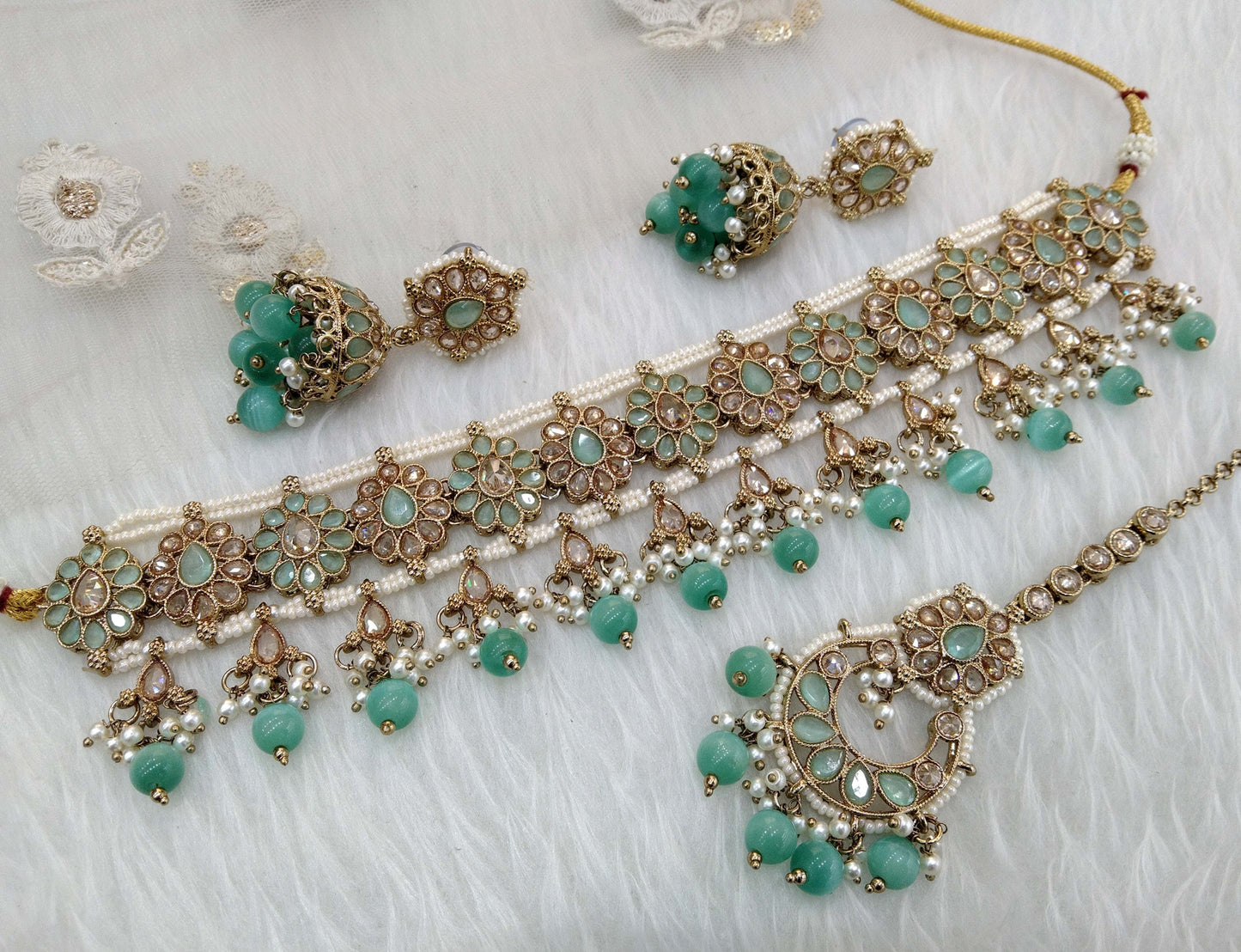 Antique gold choker Set/ Dark gold sea green choker Indian silicon Jewellry