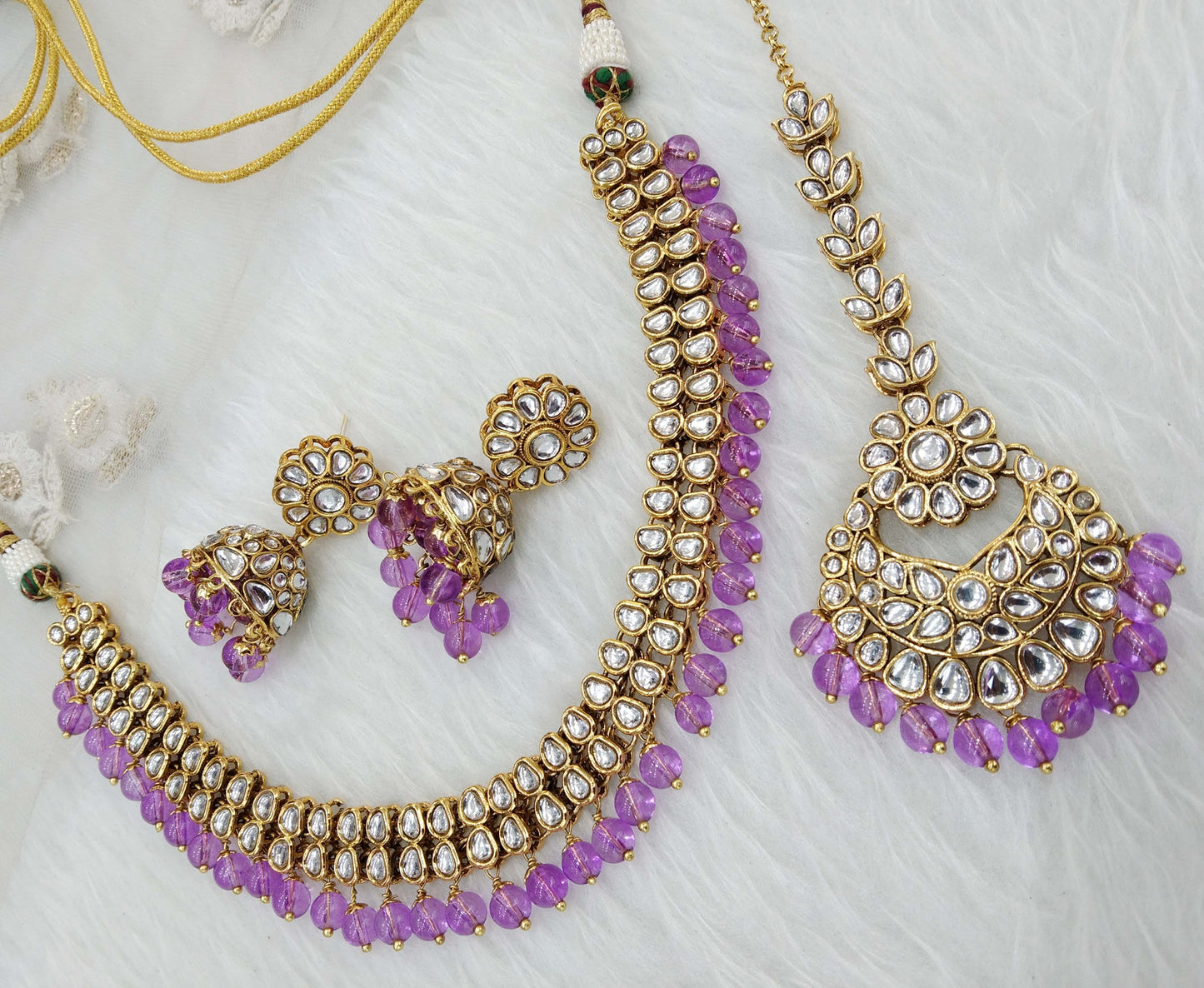 Kundan Necklace Jewellery Set/ Gold kundan lavender Indian jewellery kundan boxes sets