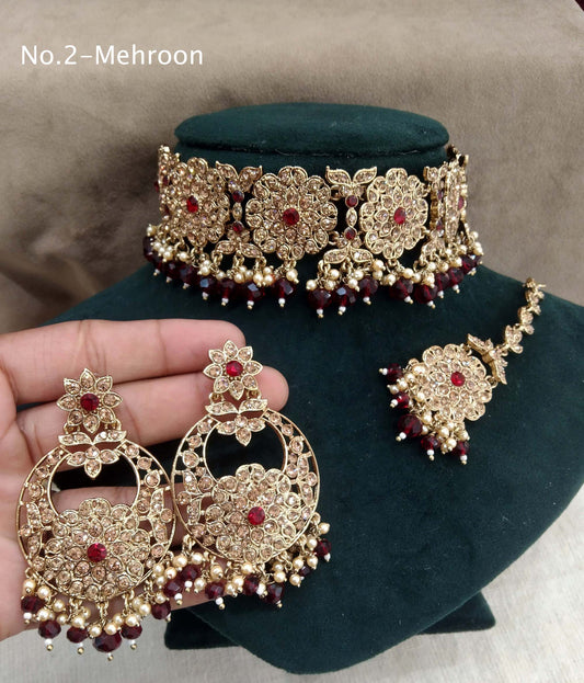 Antique Gold Jewellery Choker Set /Antique mehroon finish Jewellery foji set