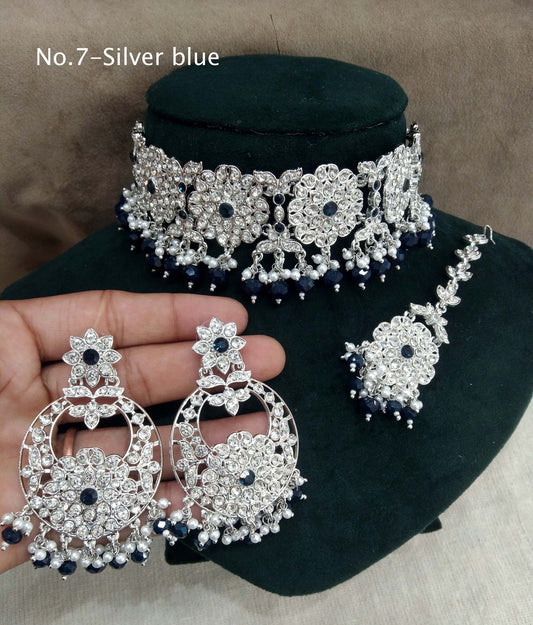 Silver Jewellery Choker Set /Rhodium finish silver blue Jewellery choker foji set