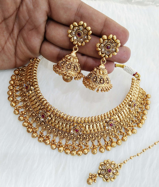 Choker Set Polki indian  Jewellery choker Set/ Bollywood Style Gold Finish South Indian bridal Jewellery