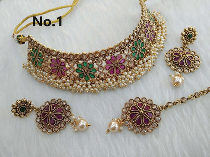 Choker Set Polki indian  Jewellery choker Set/ Bollywood Style Gold Finish South Indian beams bridal Jewellery