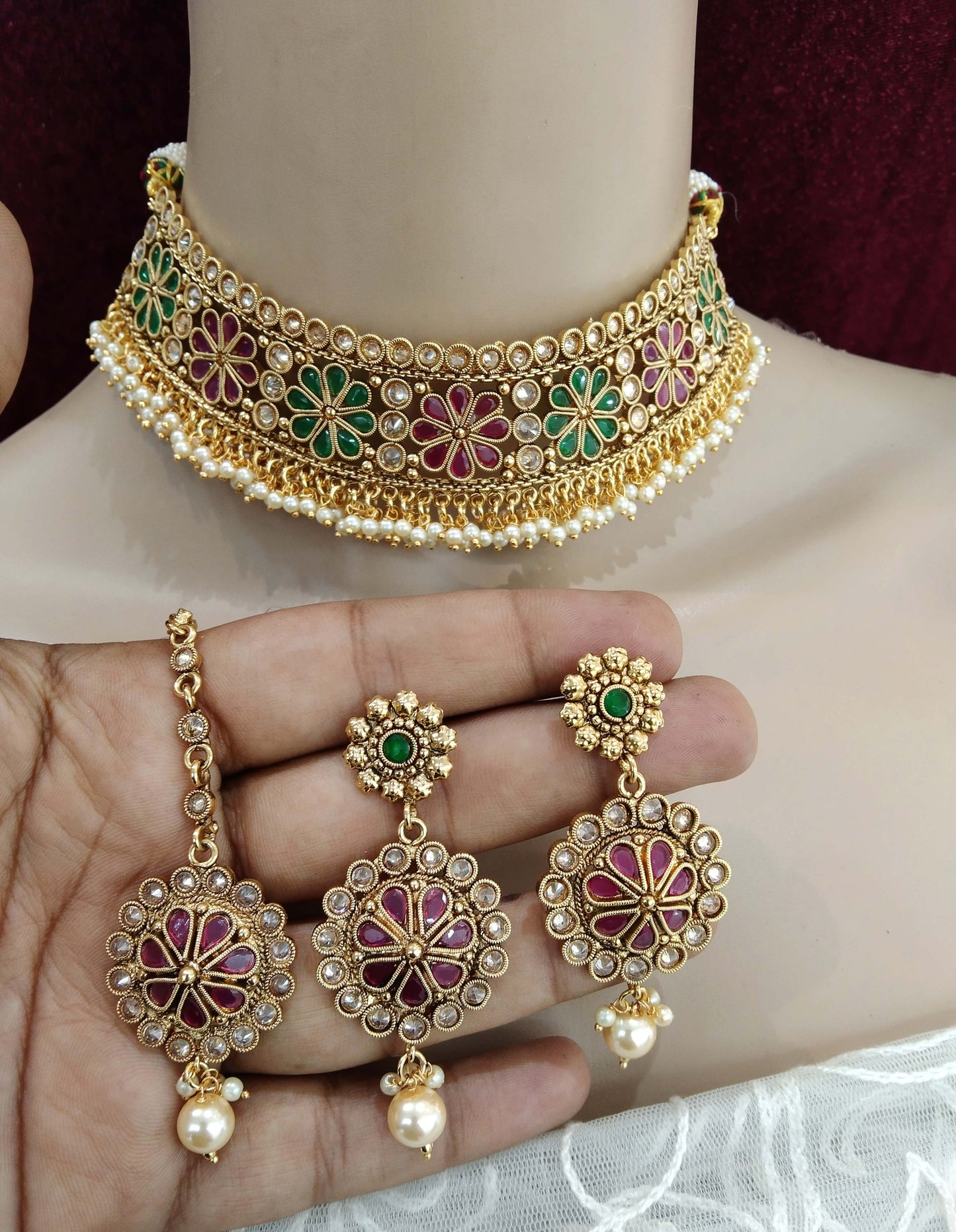 Choker Set Polki indian  Jewellery choker Set/ Bollywood Style Gold Finish South Indian beams bridal Jewellery