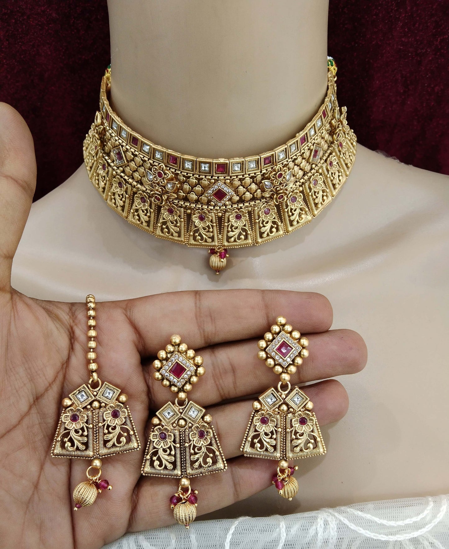 Choker Set Polki indian Jewellery choker Set/ Bollywood Style Gold Finish South Indian beams bridal Jewellery