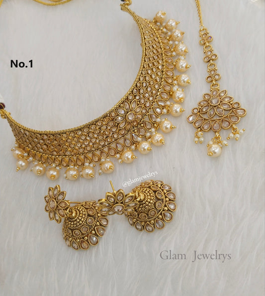 Choker Set Polki indian Jewellery choker Set/ Bollywood Style Gold Finish South Indian beams bridal Jewellerry