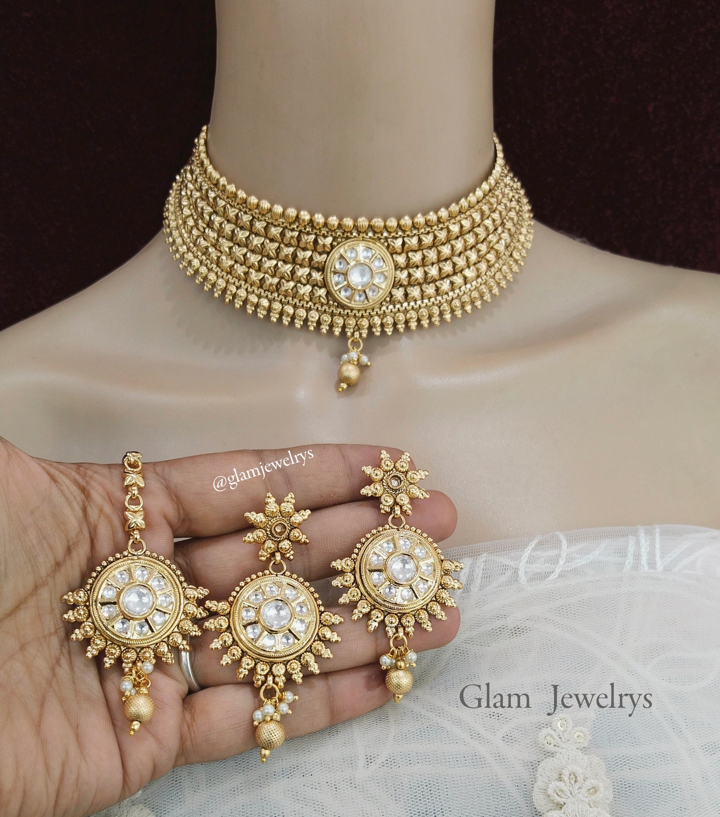 Choker Set Polki indian  Jewellery choker Set/ Bollywood Style Gold Finish South Indian beams bridal Jewellery