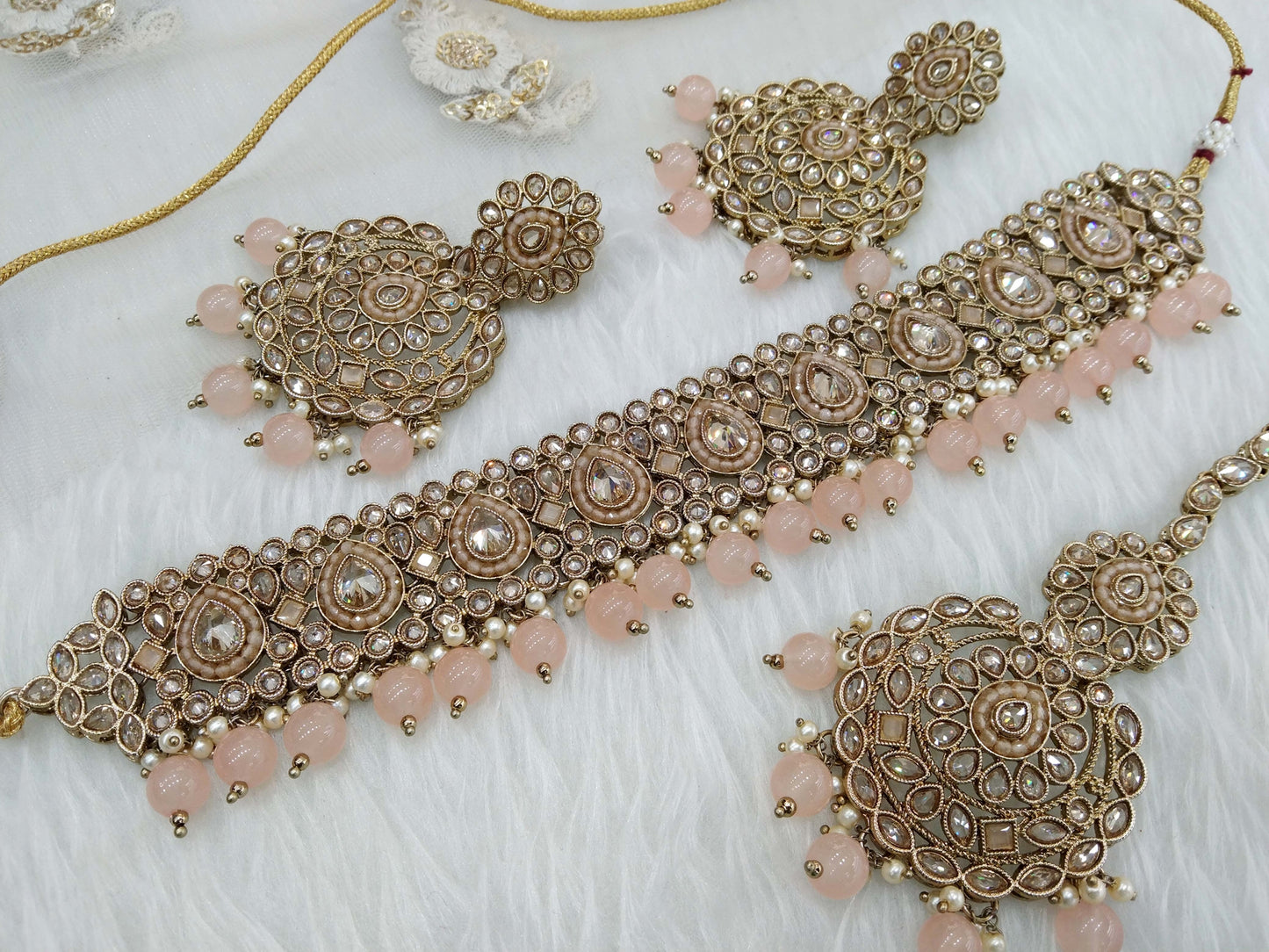 Antique Gold Choker Jewellery Set/ dark Gold Choker peach Indian holly Jewellery Online