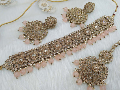 Antique Gold Choker Jewellery Set/ dark Gold Choker peach Indian holly Jewellery Online