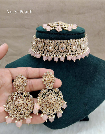 Antique Gold Choker Jewellery Set/ dark Gold Choker peach Indian holly Jewellery Online