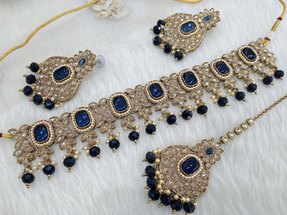 Indian jewellery choker set necklace/dark gold blue choker Jewellery set /Indian choker creek set