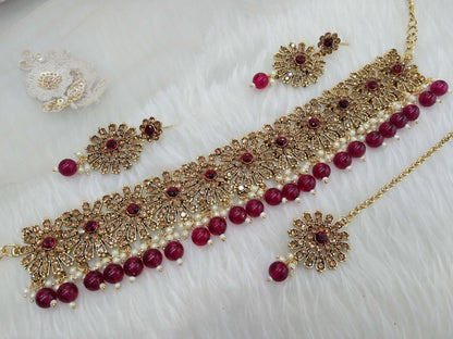 Antique Gold Wedding Choker Jewellery  Set/ dark gold maroon choker Indian projects Jewellery Online