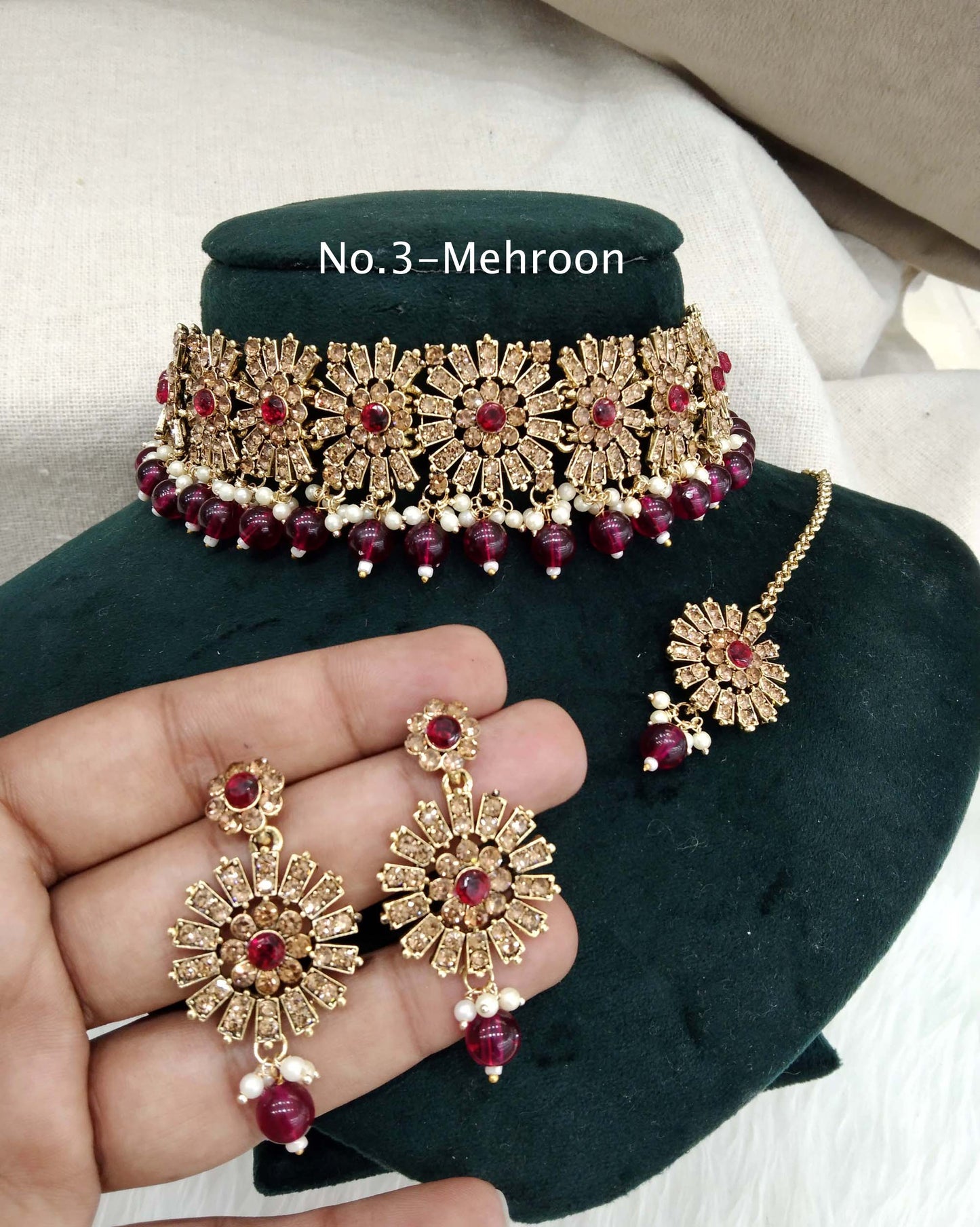 Antique Gold Wedding Choker Jewellery  Set/ dark gold maroon choker Indian projects Jewellery Online