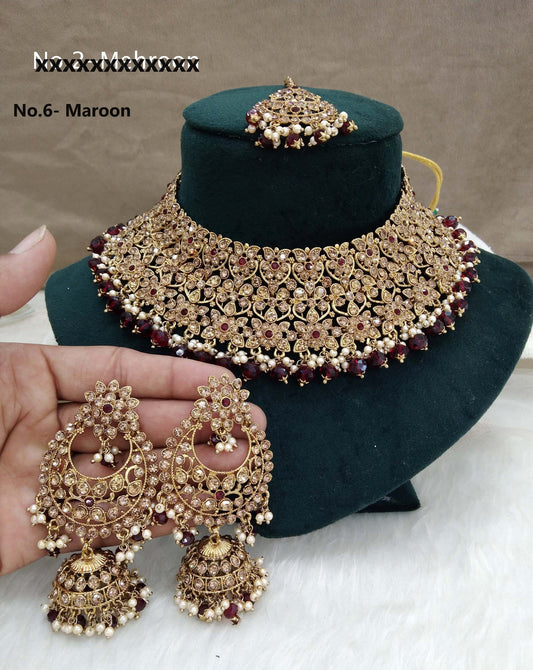 Dark Gold Maroon Necklace Set/ Indian Bridal astin Jewellery