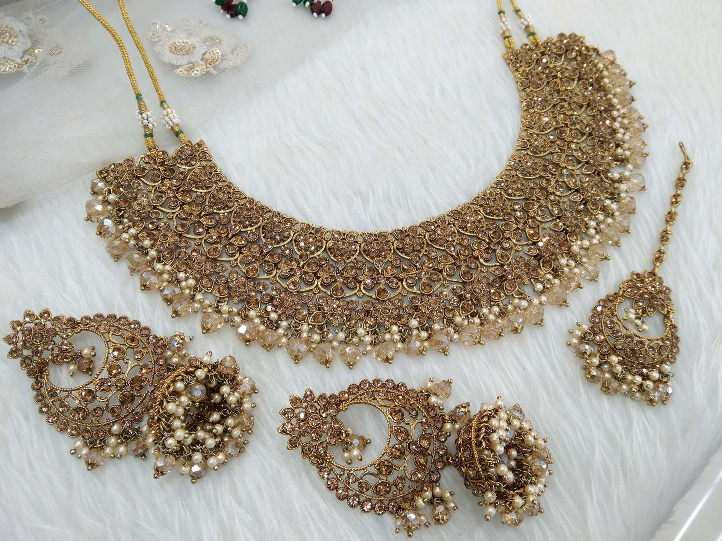 Indian Jewellery Antique Gold Crystal Beads Necklace Set/ Indian Bridal astin Jewellery Online