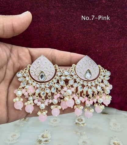 Indian Kundan chand balli Earrings Jewellery/ Gold  peach, mehndi, lavender, green, mehroon, gold white,pink, sky blue  Earrings  log Set