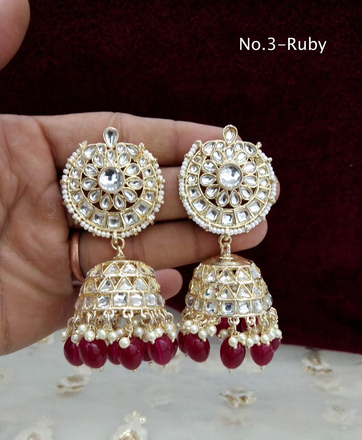 Online Indian Kundan jhumka Earrings Jewellery/ Gold white, Multicolor, Ruby, Lavender jhumka Earrings  page Set