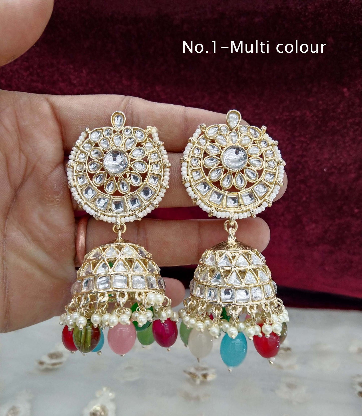 Online Indian Kundan jhumka Earrings Jewellery/ Gold white, Multicolor, Ruby, Lavender jhumka Earrings  page Set