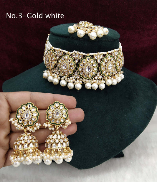 Ivory Indian  Jewellery Gold white Kundan choker Set/ kundan choker widely Set