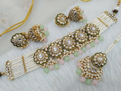 Indian Jewellery Gold Mint Pink Kundan Choker Set/ kundan Choker Widely Set