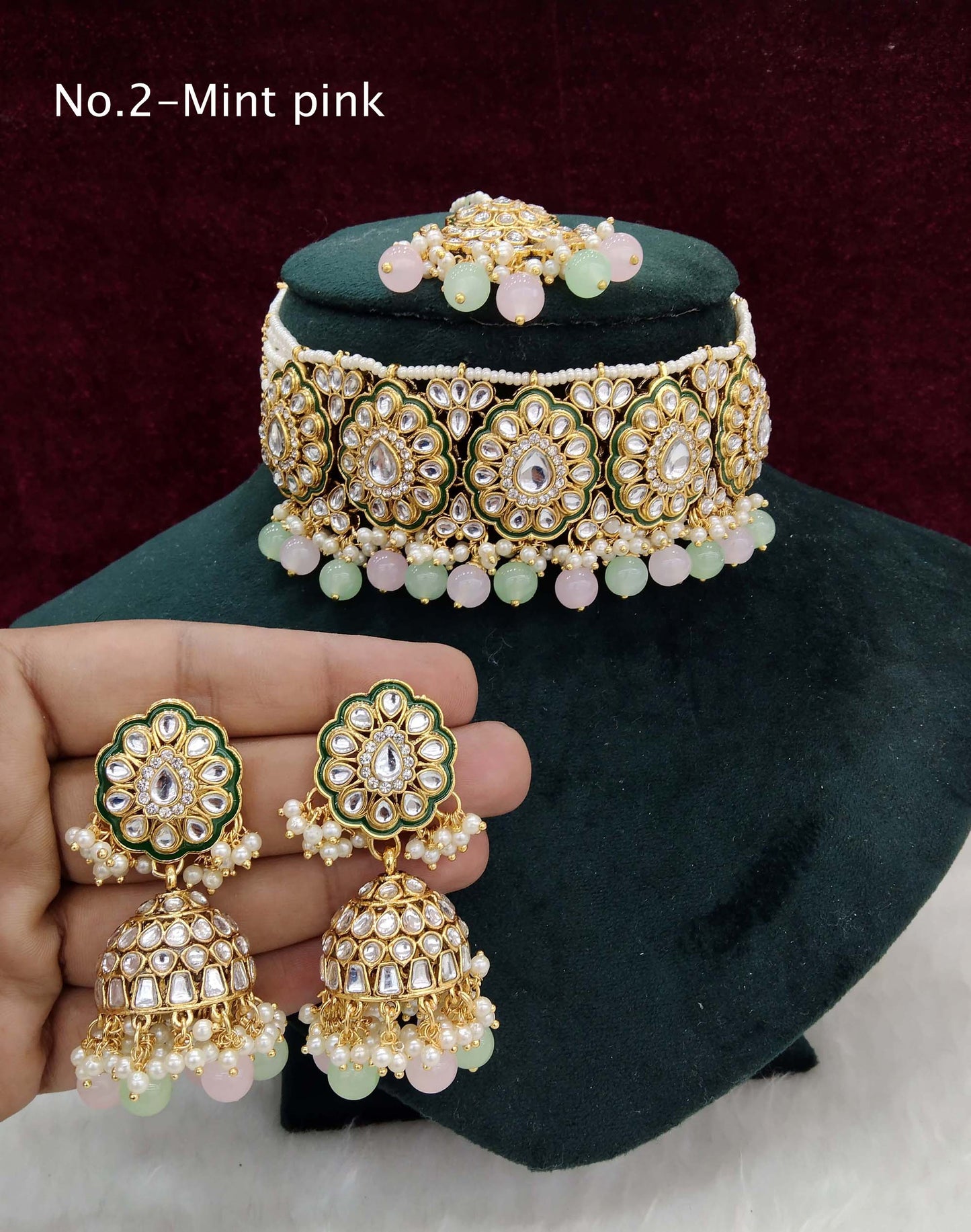 Indian Jewellery Gold Mint Pink Kundan Choker Set/ kundan Choker Widely Set