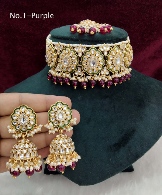 Indian  Jewellery Gold purple Kundan choker Set/ kundan choker widely Set