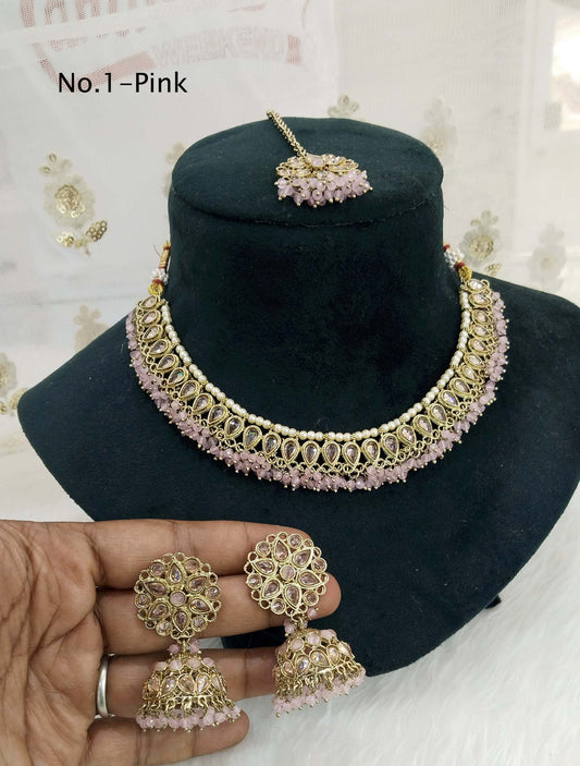 Antique Gold Wedding Necklace Jewellery Set/ dark gold pink Indian Bridal Wedding arts Jewellery