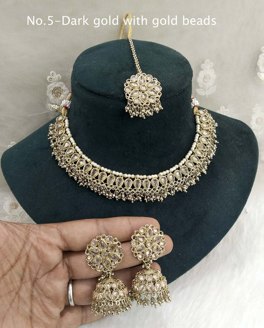 Antique Gold Wedding Necklace Jewellery Set/ Dark gold with gold beads Indian Bridal Wedding arts Jewellery