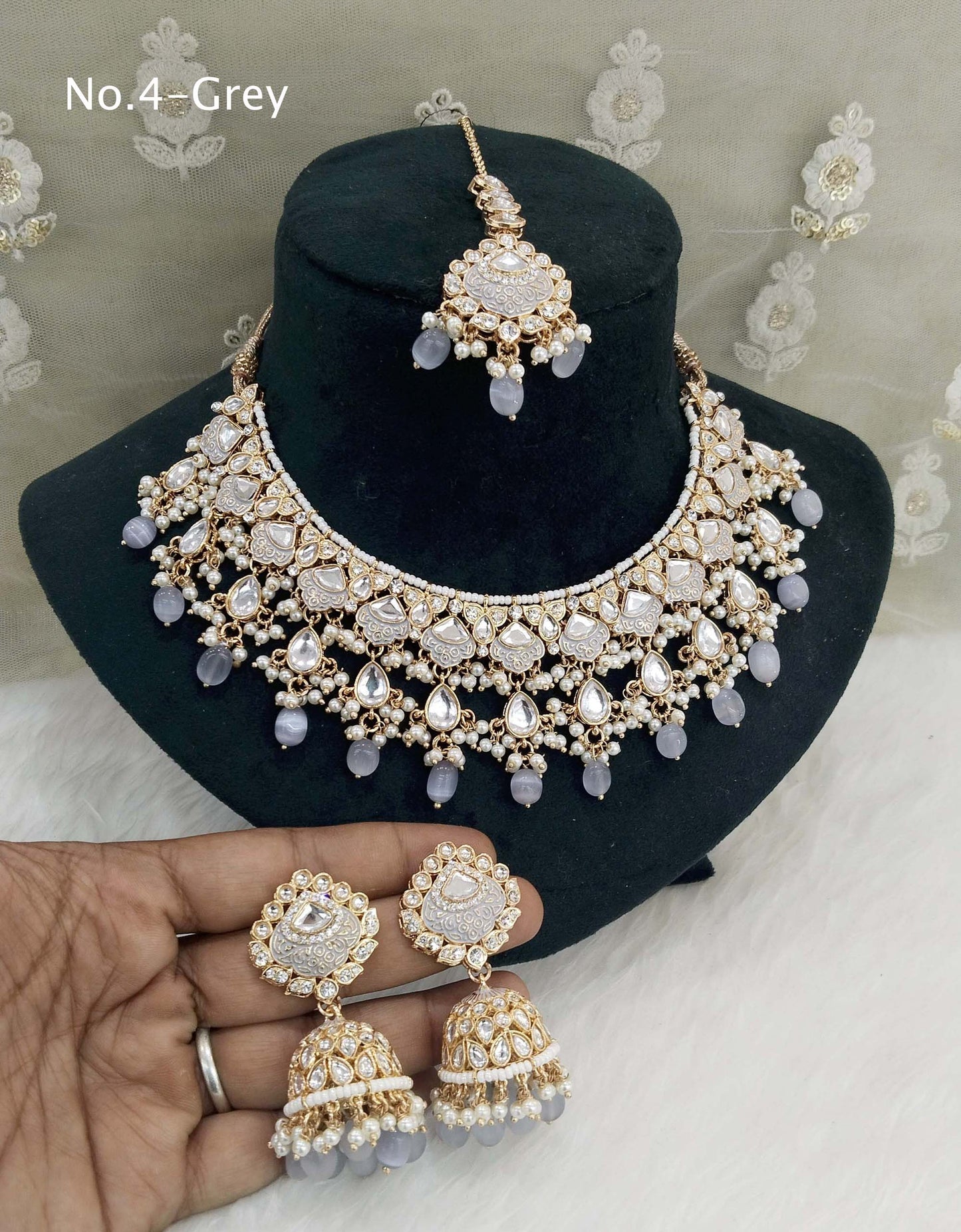 Rose gold kundan necklace Set/ rose gold grey Indian facial necklace Jewellry