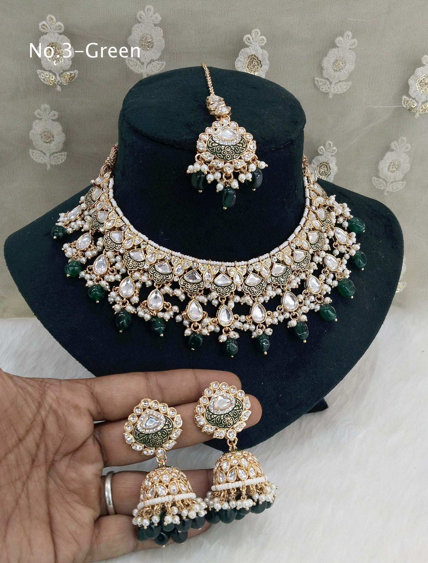 Rose gold kundan necklace Set/ rose gold green Indian facial necklace Jewellry