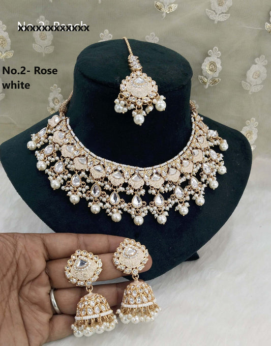 Rose gold kundan necklace Set/ rose gold white Indian facial necklace Jewellry