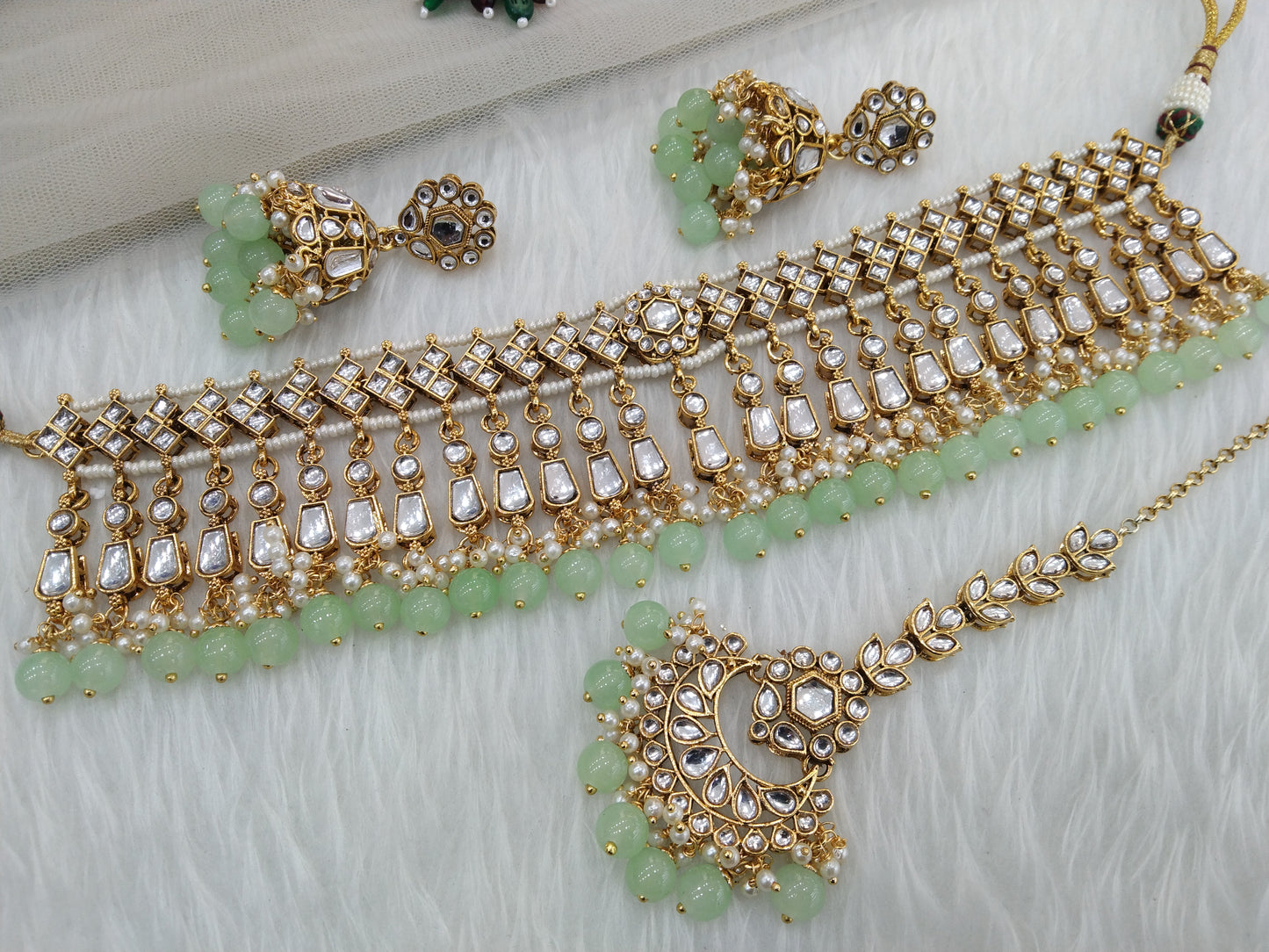 Indian  Jewellery Gold sea green Kundan choker Set/ kundan choker Kundan rolls, offer set