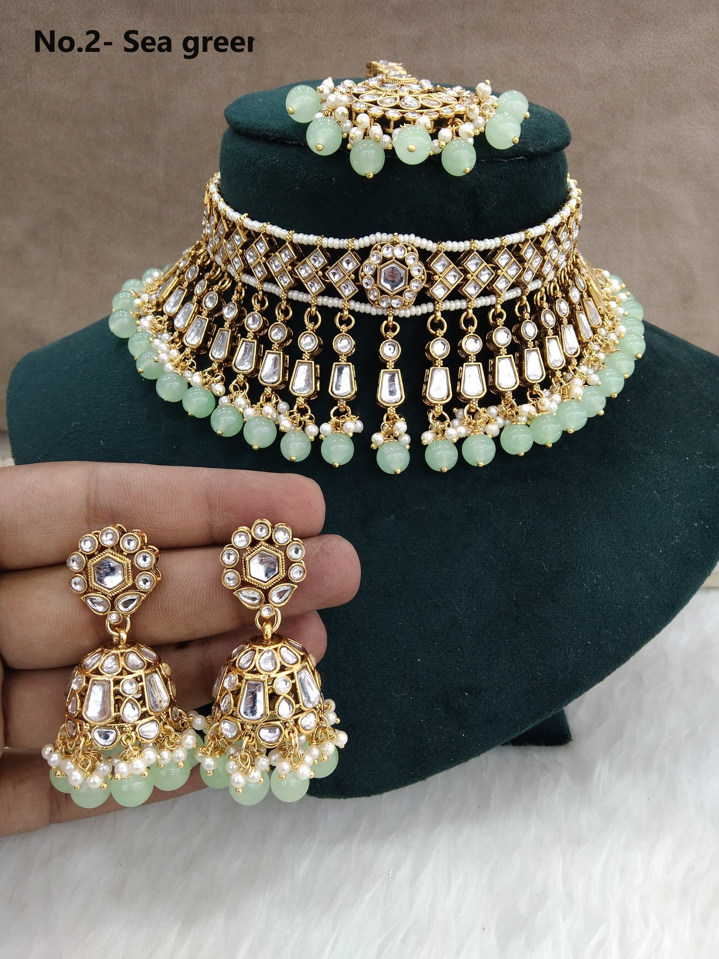 Indian  Jewellery Gold sea green Kundan choker Set/ kundan choker Kundan rolls, offer set