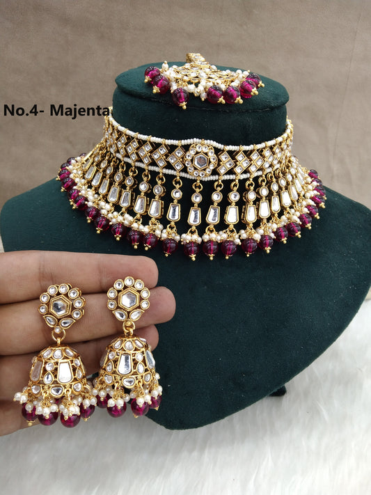 Indian Jewellery Gold majenta Kundan choker Set/ kundan choker Kundan rolls, offer set