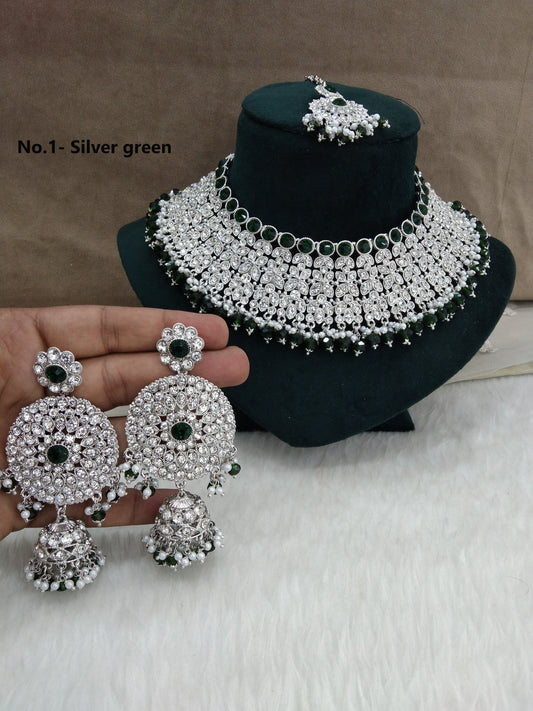 Indian  Jewellery/Semi bridal silver green bollywood bride jewellery ventura necklace set