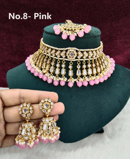 Indian  Jewellery Gold pink gaajri Kundan choker Set/ kundan choker Kundan rolls, offer set