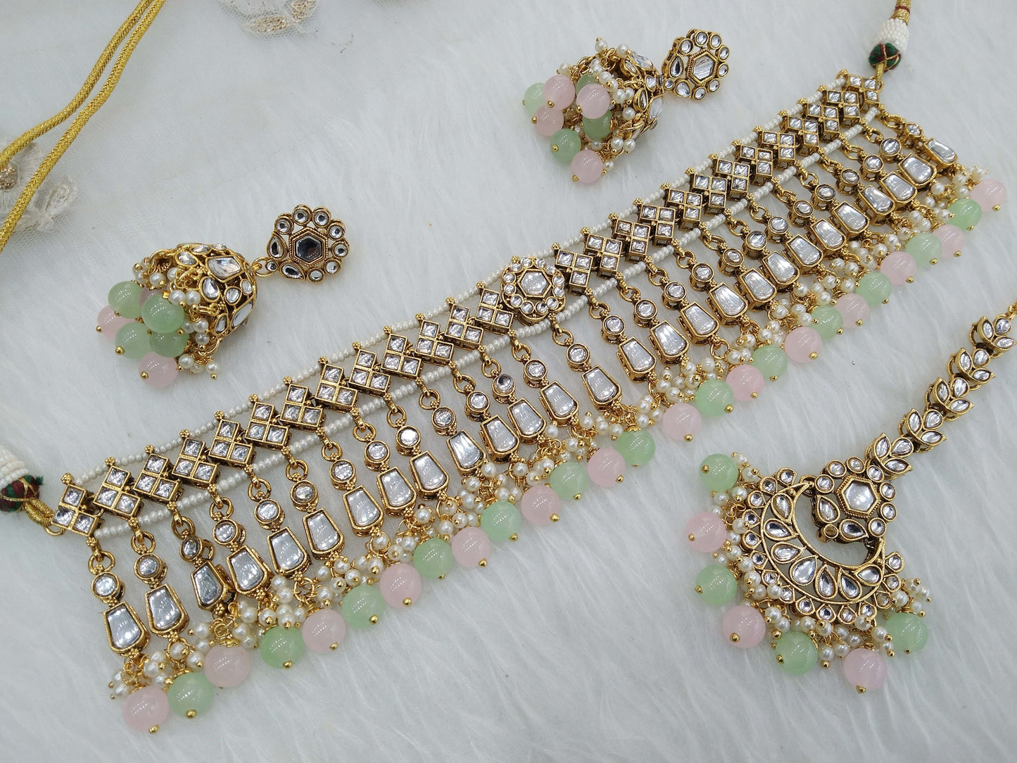 Indian  Jewellery Gold pink gaajri Kundan choker Set/ kundan choker Kundan rolls, offer set