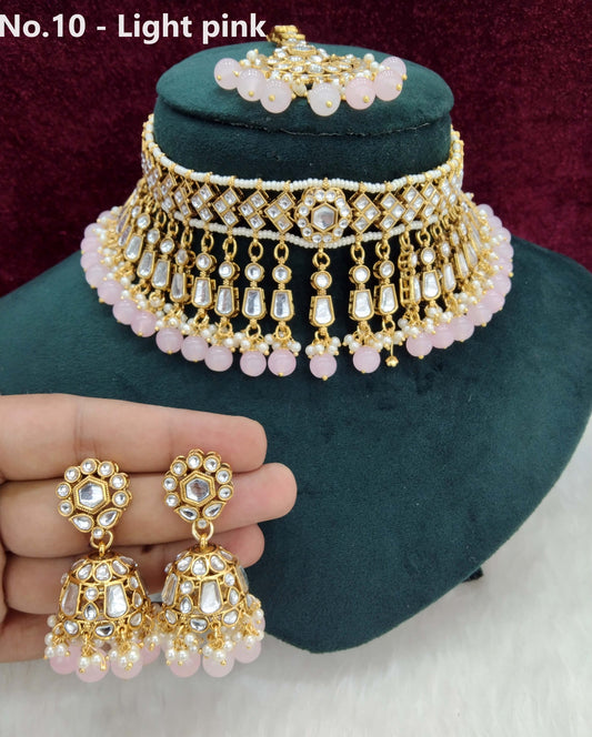 Indian Jewellery Gold light pink Kundan choker Set/ kundan choker Kundan rolls, offer set