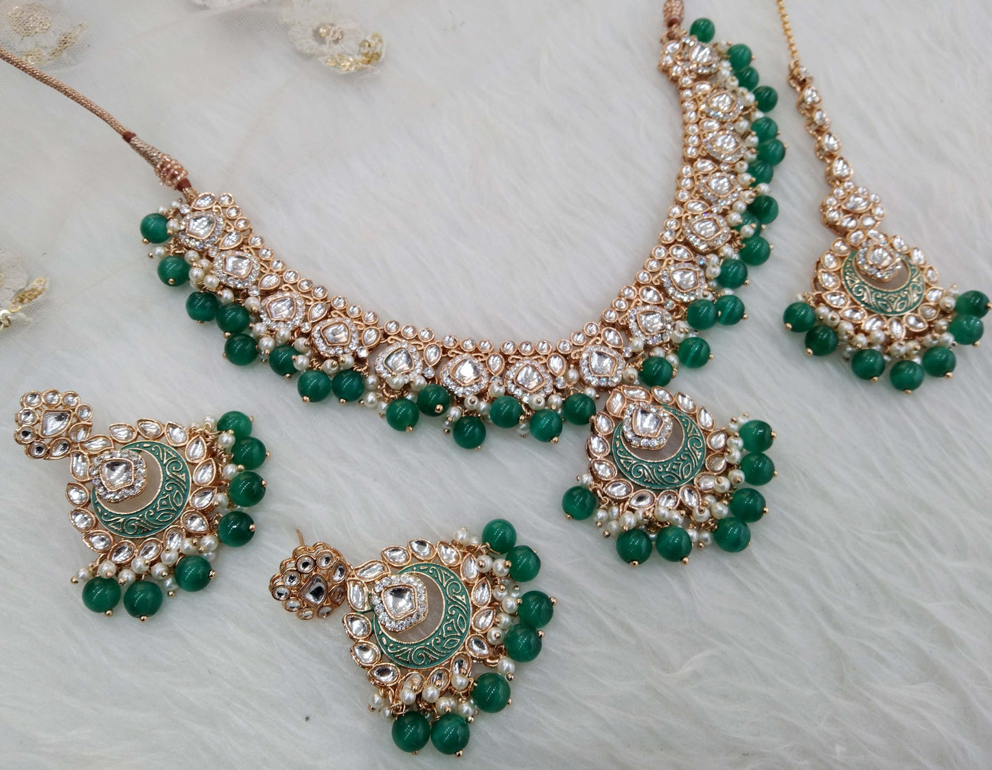 Rose gold kundan necklace Set/ Rose gold green Indian kundan west sets