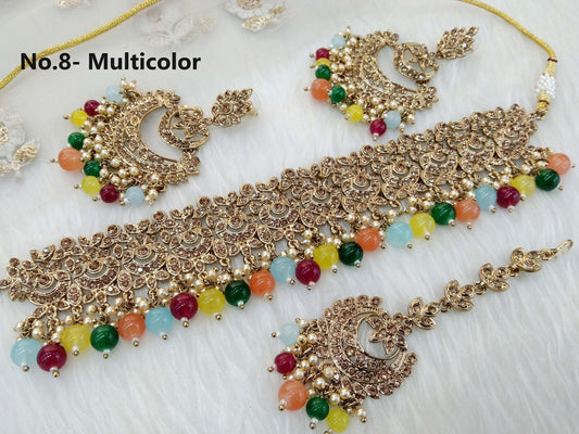 Antique Gold Jewellery Choker Set /Antique gold finish multicolor choker Jewellery sheen set