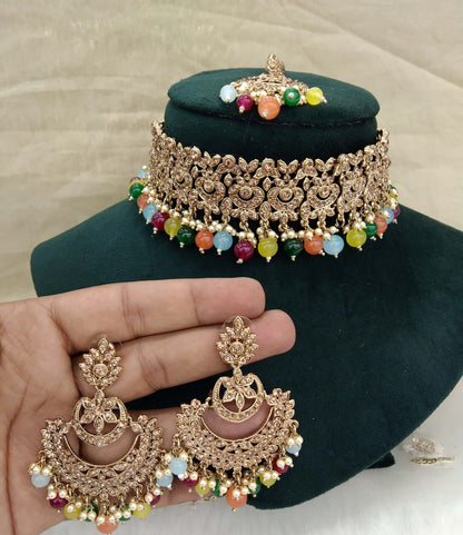 Antique Gold Jewellery Choker Set /Antique gold finish multicolor choker Jewellery sheen set