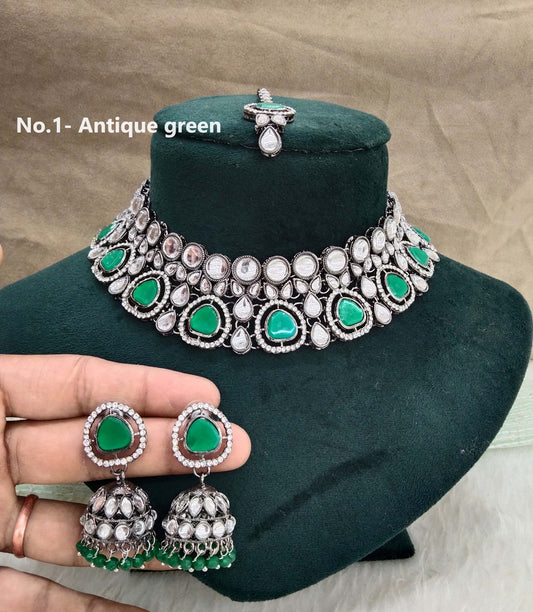 Oxidized silver kundan necklace Set/ antique green tribal Indian bridal dutch Jewellery