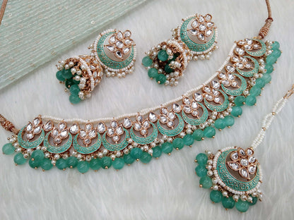 Rose gold kundan necklace Set/ Rose gold seagreen Indian kundan necklace braille sets