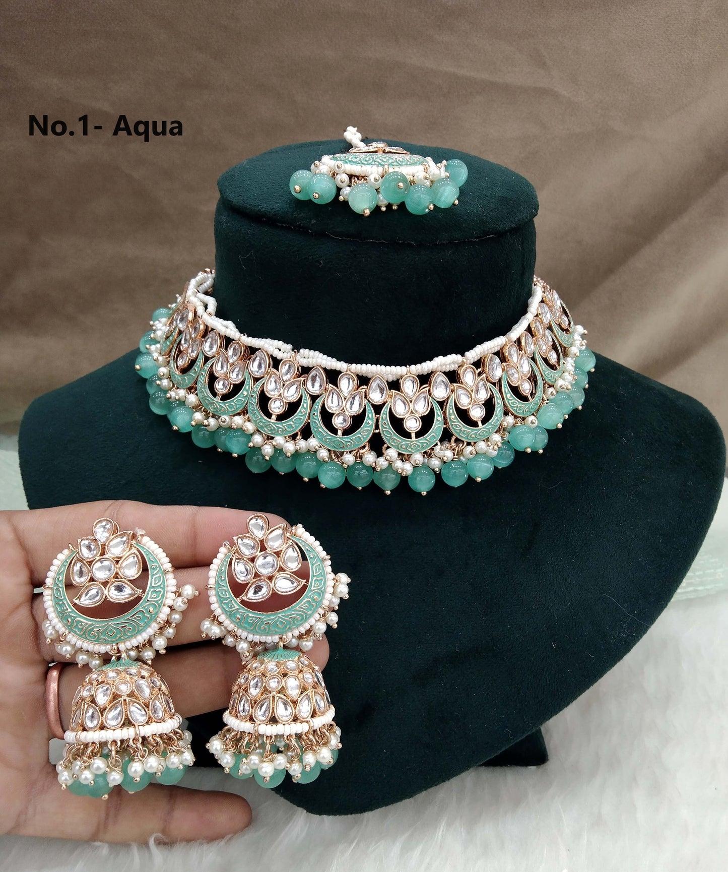 Rose gold kundan necklace Set/ Rose gold seagreen Indian kundan necklace braille sets