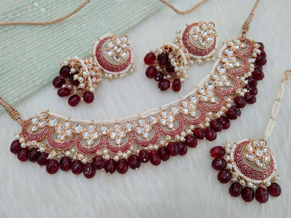 Rose gold kundan necklace Set/ Rose gold maroon Indian kundan necklace braille sets