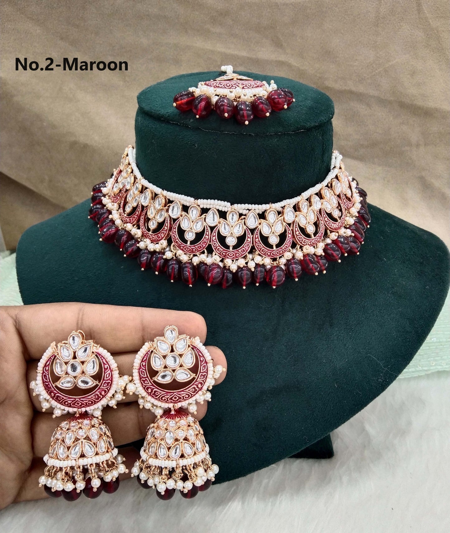 Rose gold kundan necklace Set/ Rose gold maroon Indian kundan necklace braille sets